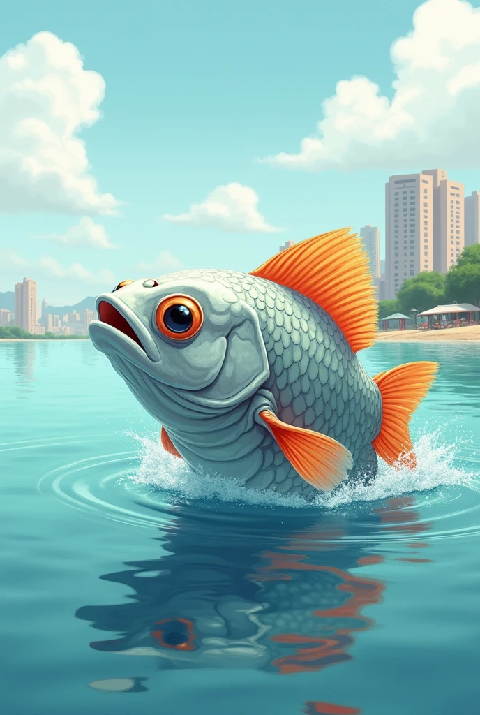 DRAWING of a baby fish with a rhomboidal body compressed laterally and thickened in the middle of the body, high and compressed collar, protactile mouth, and fine teeth, It is silver with very reflective scales and a more vivid orange caudal fin COMING OUT OF THE WATER A LITTLE LOOKING TOWARDS CIUDAD BOLIVAR IN BOLIVAR STATE, VENEZUELA