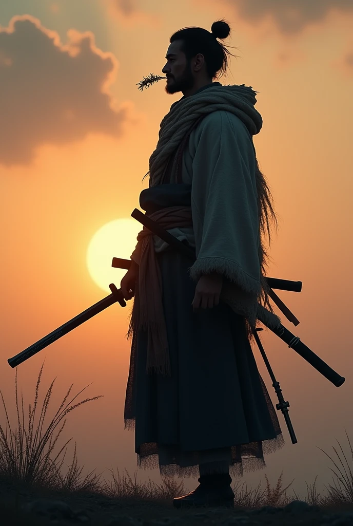 Crie uma wallpaper de uma samurai hermit com uma katana na cintura, and a small sprig of grass between the lips, make it so that it looks like he is looking at the horizon at dusk, with his hand on his sword and wearing stylish rags