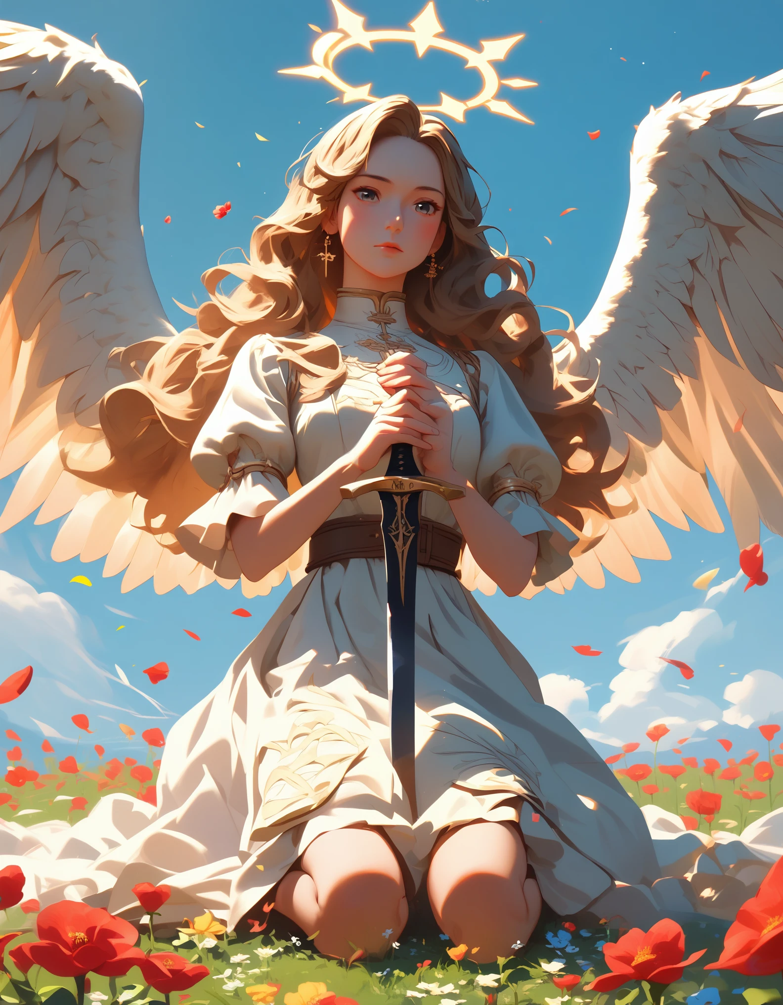 Detailed and vibrant anime-style illustration featuring a young woman with long, wavy blonde hair and fair skin. She is depicted kneeling on the ground, holding a large, ornate sword with both hands, the tip of which is embedded in the earth. She wears a white dress with a brown belt and has a golden halo above her head, signifying an angelic presence. Her expression is one of determination and resolve, with her eyes looking upwards. She also has white feathered wings extending from her back. The background is dark, contrasting with the bright figure, and there are small red flowers scattered on the ground around her. The overall composition is dynamic and emotive, capturing a moment of solemnity and strength. anime, anatomically correct, super detailed, high quality, 4K, high details, super detailed, 4k