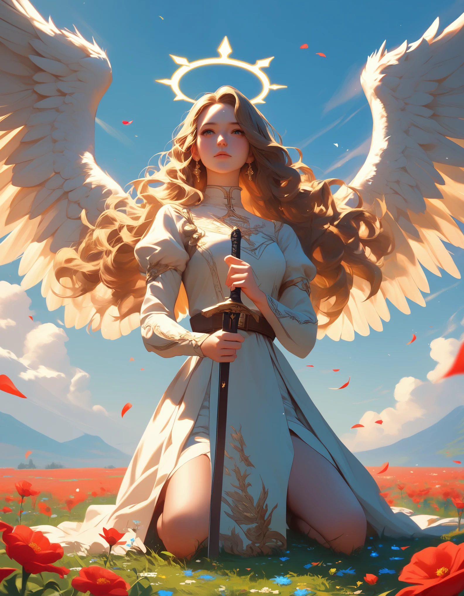 Detailed and vibrant anime-style illustration featuring a young woman with long, wavy blonde hair and fair skin. She is depicted kneeling on the ground, holding a large, ornate sword with both hands, the tip of which is embedded in the earth. She wears a white dress with a brown belt and has a golden halo above her head, signifying an angelic presence. Her expression is one of determination and resolve, with her eyes looking upwards. She also has white feathered wings extending from her back. The background is dark, contrasting with the bright figure, and there are small red flowers scattered on the ground around her. The overall composition is dynamic and emotive, capturing a moment of solemnity and strength. anime, anatomically correct, super detailed, high quality, 4K, high details, super detailed, 4k
