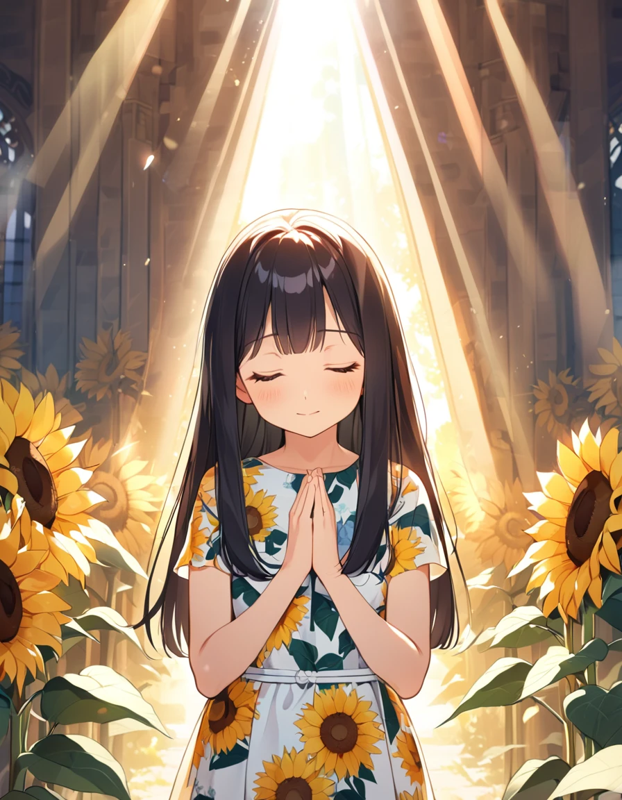 Girl, cute, adorable, chest to head, straight hair, long hair, black hair, sunny, full chest, sunlight streaming in, floral print dress, standing, eyes closed, daytime, praying, hands together, sunflower background