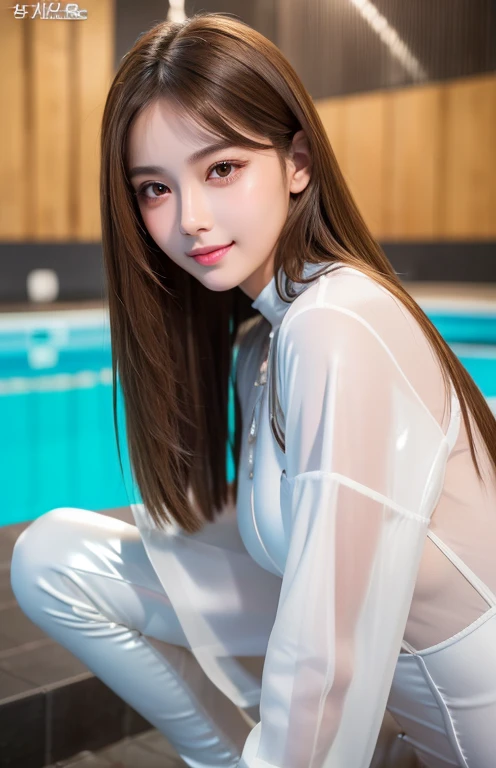 Latex bodysuit、Knee-high boots、Huge 、Long brown hair、Shiny, Oily skin、Glowing Skin、Indoor competition pool、White skin、(RAW Photos), (Realistic), (masterpiece), (Highest quality), High resolution, 8k resolution, (Intricate details), (Lightweight and voluminous), Portraiture, woman, Medium Hair, Straight hair, Layered Hair, Brown Hair, Highly detailed eye, Very thin eyebrows, Highly detailed skin, Highly detailed mouth, Highly detailed nose, Cute like an idol, smile, ((Thick lips)), ((look into the viewer&#39;eye)), (Shapely breasts), (Cleavage), , (Westshot), Bright cafe terrace background with city view, Randomly oriented bodies