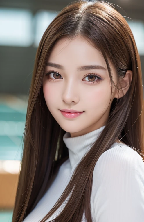 Latex bodysuit、Knee-high boots、Huge 、Long brown hair、Shiny, Oily skin、Glowing Skin、Indoor competition pool、White skin、(RAW Photos), (Realistic), (masterpiece), (Highest quality), High resolution, 8k resolution, (Intricate details), (Lightweight and voluminous), Portraiture, woman, Medium Hair, Straight hair, Layered Hair, Brown Hair, Highly detailed eye, Very thin eyebrows, Highly detailed skin, Highly detailed mouth, Highly detailed nose, Cute like an idol, smile, ((Thick lips)), ((look into the viewer'eye)), (Shapely breasts), (Cleavage), , (Westshot), Bright cafe terrace background with city view, Randomly oriented bodies