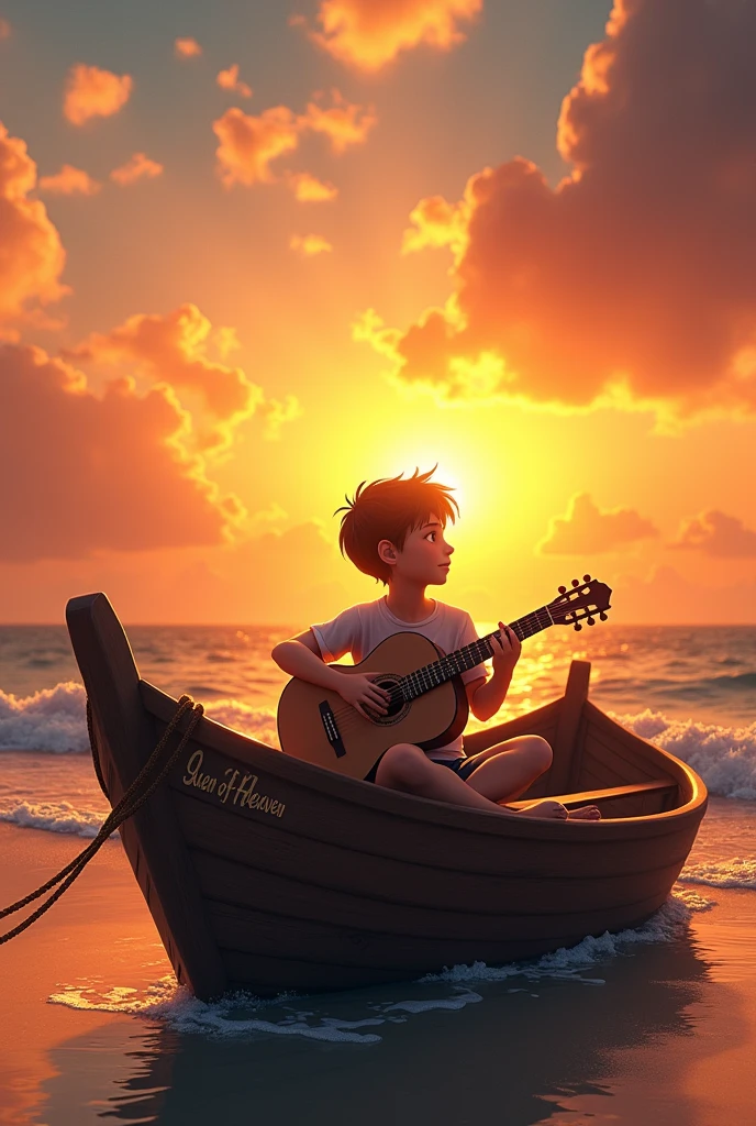 sunrise on a beach, boy playing guitar on a boat named Queen of Heaven