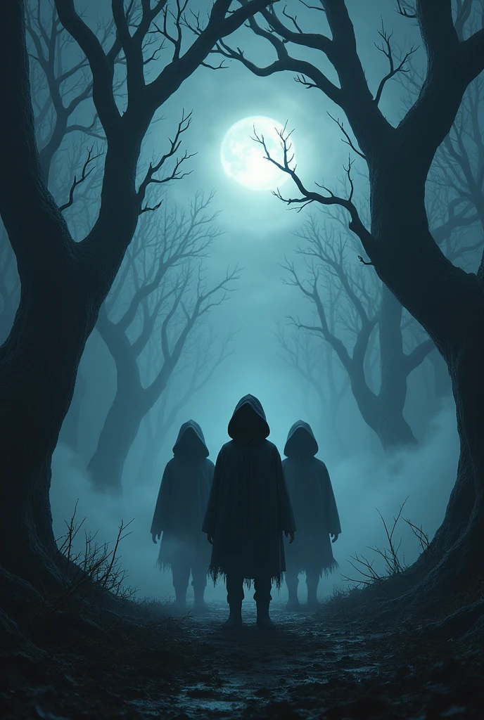 Scenario:** A dark and foggy forest at night, with twisted trees and an oppressive atmosphere, with three hooded children