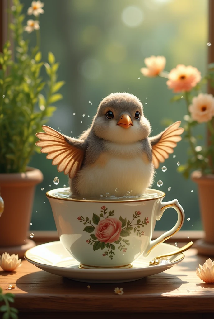 Create a colorful image of a brownish-gray bird, taking a bath in a teacup.