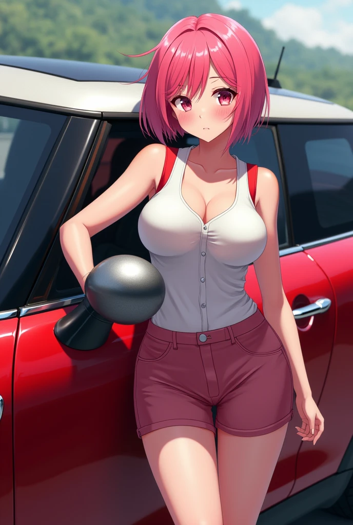 Short-haired anime girl with pink hair and big breasts leaning on a red Mini Cooper S