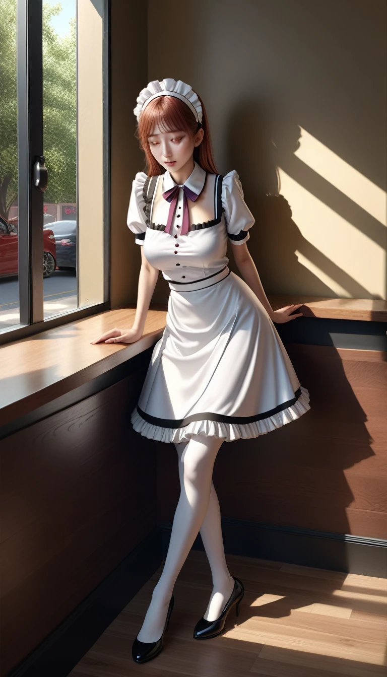 nsfw, (Ultra highest resolution), (Ultra highest quality), (Very detailed), (Very clear), (Realistic and natural light and shadow), (Very exquisite textures and colors), (Natural composition with no sense of discomfort), (Accurate and natural human anatomy), One pretty girl, Huge and long breasts, Smooth and fine skin, Very thin and revealing maid's uniform, coffee shop