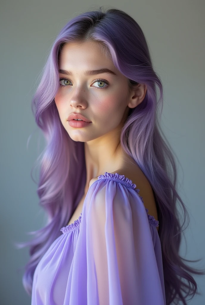 work of art, best qualityer, cinematic photo by 1girl, greeneyes, light purple hair, pretty long hair, purple dress, about white dress, long sleeves, Flat Breast, , fot, film, high resolution