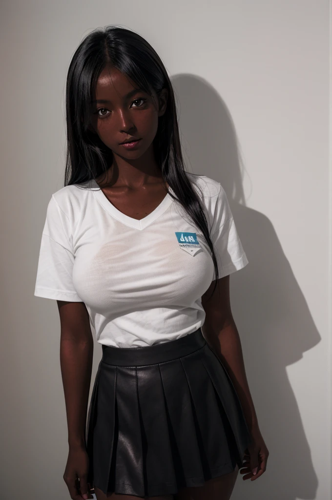 (8k ultra HD quality, best quality, art, high quality, perfect light, absurd, ultra detailed: 1.21, woman, alone, dark-skinned woman, black hair, ( dark skin:1.6 ), big breasts, sexy, Japanese school costume, portrait, black knee-high socks, sexy student, parted lips, dark eyes, looking at viewer, Japan street background, huge breasts, small sample, sexy, olive skin, dark skin, holding breasts, wallpaper, short skirt, high school girl sexy.