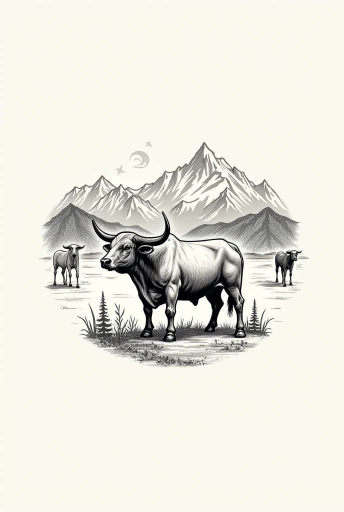I want the logo for the iron of a farm called “Finca Cuatro M” I want its concept to mix family, bull and mountain, do it in drawing form, sin color, only trace
