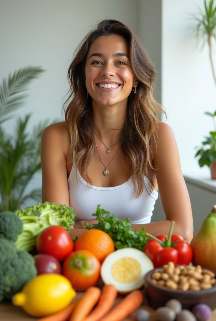 Photo with healthy food and a hot woman