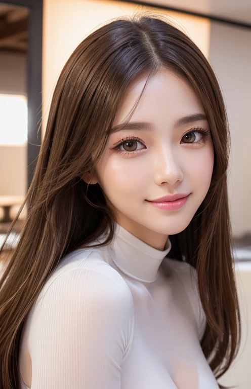 Latex bodysuit、Knee-high boots、Huge 、Long brown hair、Shiny, Oily skin、Glowing Skin、Indoor competition pool、White skin、(RAW Photos), (Realistic), (masterpiece), (Highest quality), High resolution, 8k resolution, (Intricate details), (Lightweight and voluminous), Portraiture, woman, Medium Hair, Straight hair, Layered Hair, Brown Hair, Highly detailed eye, Very thin eyebrows, Highly detailed skin, Highly detailed mouth, Highly detailed nose, Cute like an idol, smile, ((Thick lips)), ((look into the viewer'eye)), (Shapely breasts), (Cleavage), , (Westshot), Bright cafe terrace background with city view, Randomly oriented bodies