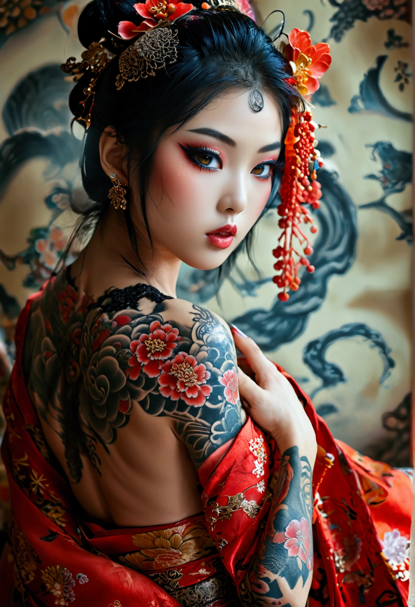 Create a hyper detailed photograph of a tattooed muscular young sexy japanese Geisha, Stunningly perfect gorgeous face, perfect makeup, detailed vibrant eyes, long hair, beautiful legs, beautiful arms, realistic torso, muscular abs, detailed silky smooth skin, big breast,perfect round ass, black lace lingerie,