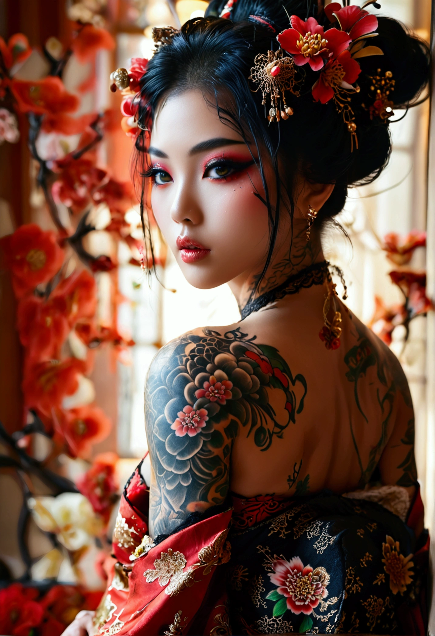 Create a hyper detailed photograph of a tattooed muscular sexy young japanese Geisha , Stunningly perfect gorgeous face, perfect makeup, detailed vibrant neon sapphire eyes, long hair, big beautiful muscular legs, big beautiful muscular arms, big back muscles, perfect body, muscular abs, detailed smooth skin, big breast, big muscular ass, black lace dress,