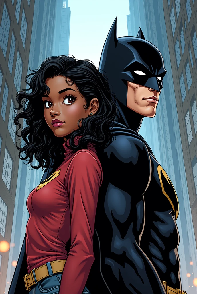 create an image of a -yeld tewith dark skin and shoulder-length curly hair and black, large dark brown eyes, a large pink mouth with well-defined cheekbones and a slightly large nose, the image must be made with DC comics lines, E no fundo, some buildings. put Bruce Wayne next to her
