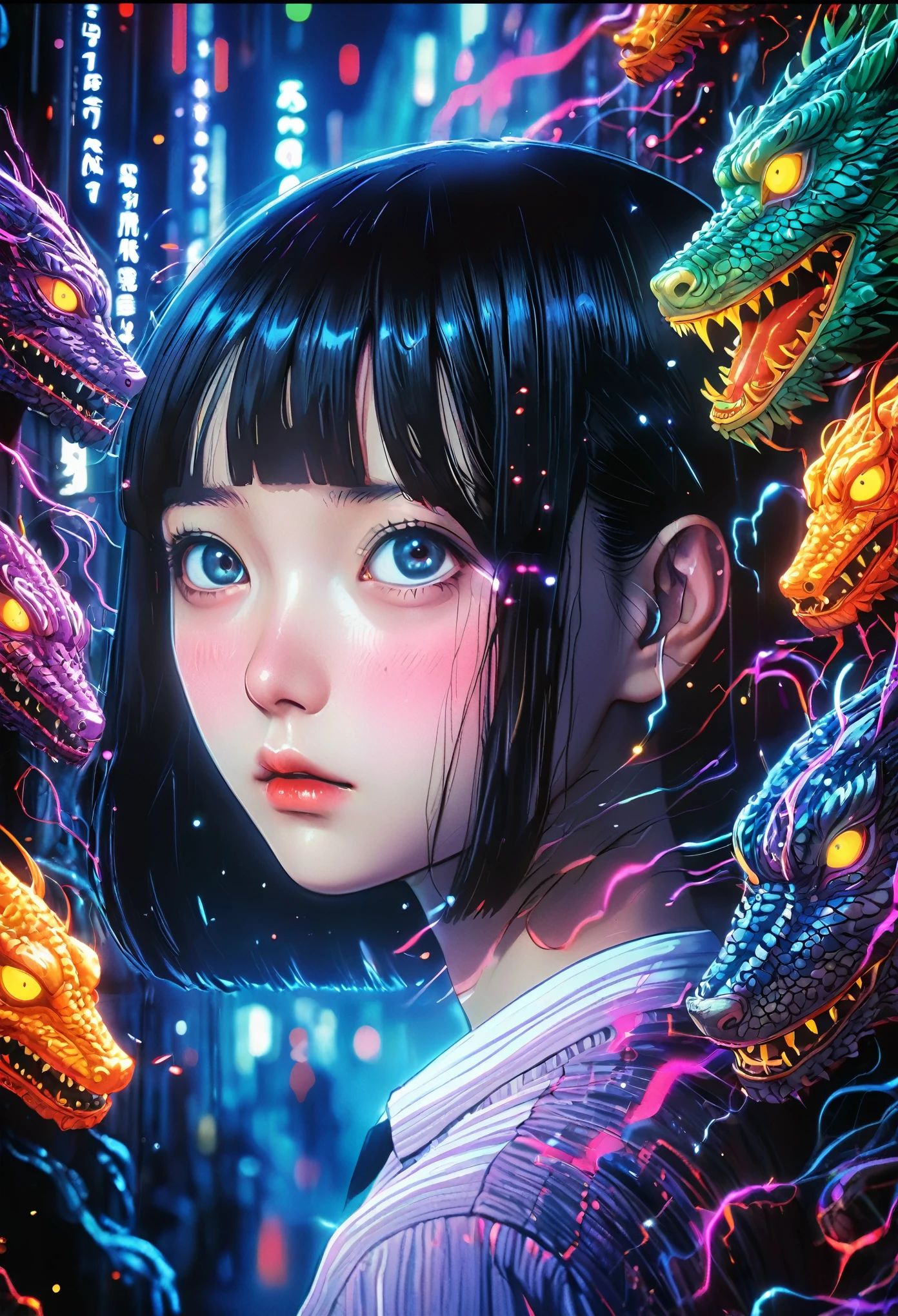 surreal horror, anime style, directed by Junji Ito, high contrast, vivid colors, eerie atmosphere, psychological tension, intricate line work, nightmarish creatures