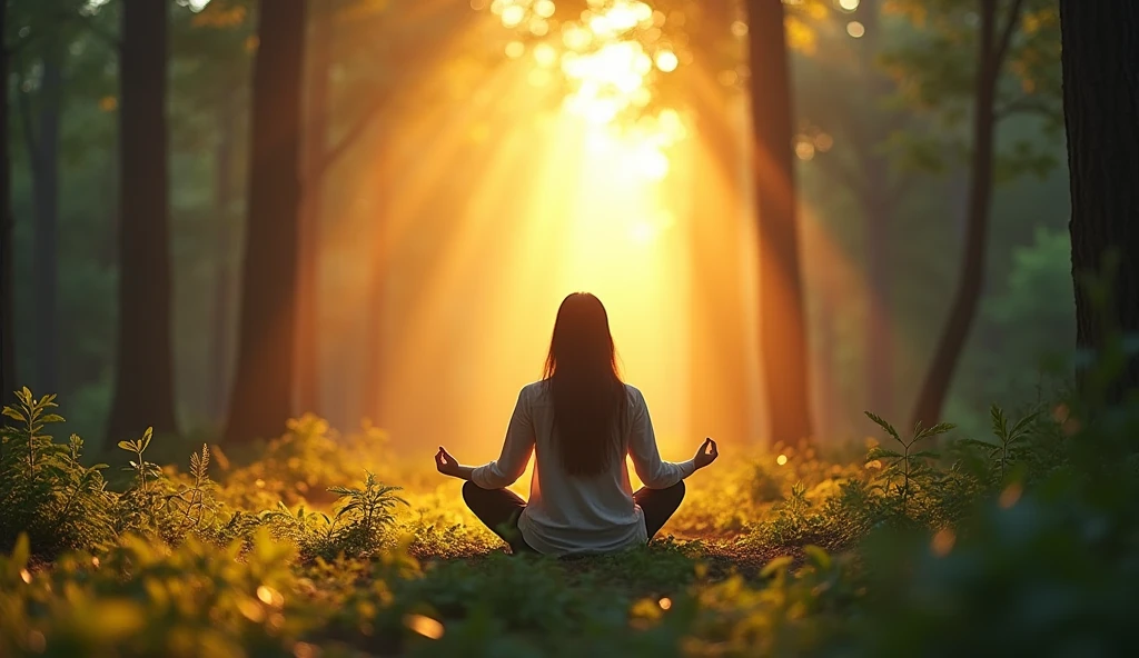 meditating in the forest surrounded by radiant light, photo realistic, vibrant colors