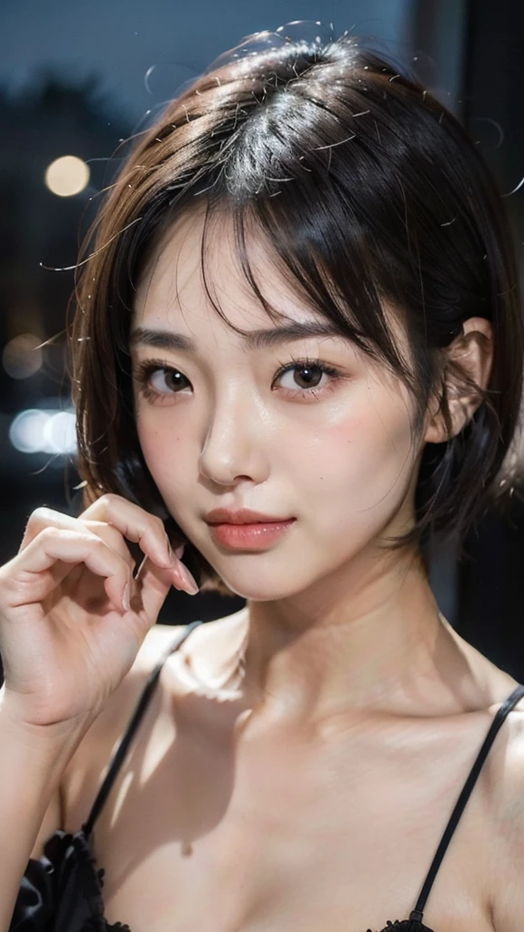 Model actress、One Woman、cool、Japanese and half European、Close-up of face、30 generation beauty、Realistic Skin、night、Outdoor、summer、short hair