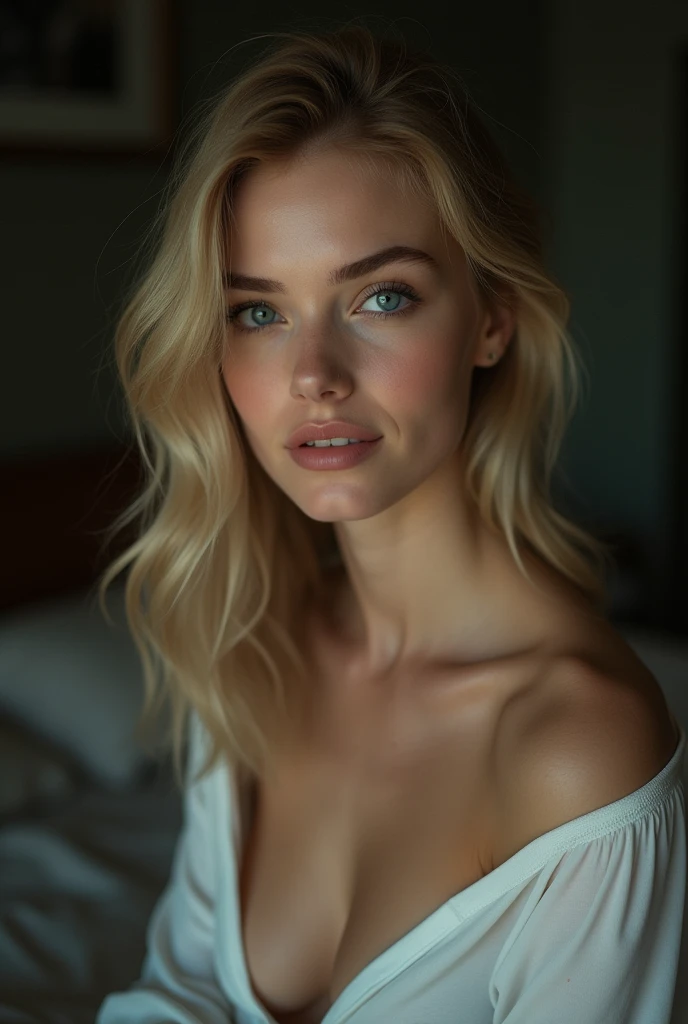 (((ultra realistic))) Photo, masterpiece, top quality, (pale skin), (Ultra detailed face and eyes:1.3), 27 years old woman, ((extemely pale skin)) , naked pink nipples, (detailed nipples), (subtle Eye makeup, mascara), ((sensual and thin lips)), ((blonde elegant medium hair)), ((elegant Stylish hairstyle)) , ((deep blue eyes)), small rounded feminine chin, (Natural medium breasts). ((Posing)), photoshoot, (Soft) Lighting, (The play of light and shadows in a dark room), depth of field, bokeh, (special attention to skin detail: 1.2), Detailed leather texture, skin pores. (Warm atmosphere of the frame. color scheme - black, Red, green tones), UDR, ((Film grain)), (moon rays), ((open full body view, extremely detailed)) , ultra detailed, shy sexy woman, (((translucent gaze t-shirt))), woman sitting in bed, woman in white lingerie underware (cozy night bedroom), ((slim long legs and beautiful rear)), woman lying over bed expossing her sensual legs and hips