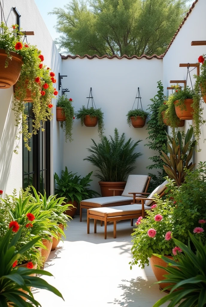 Make me a small patio decorated with plants that grow quickly and are easy to get in Mexico, but make sure the patio has smooth, white walls and floor.