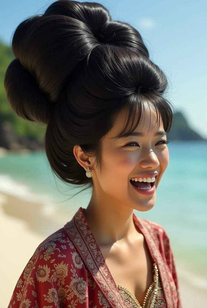 Asian beautiful woman,((full body sho))t,from head to toe,with a very big hair bun, the size of her bun is 8 times the size of her head,very big very big hair bun traditional Javanese hair bun,shiny black hair,using a hairpin,wearing traditional Indonesian kebaya,very big chest ,beach atmosphere,laugh