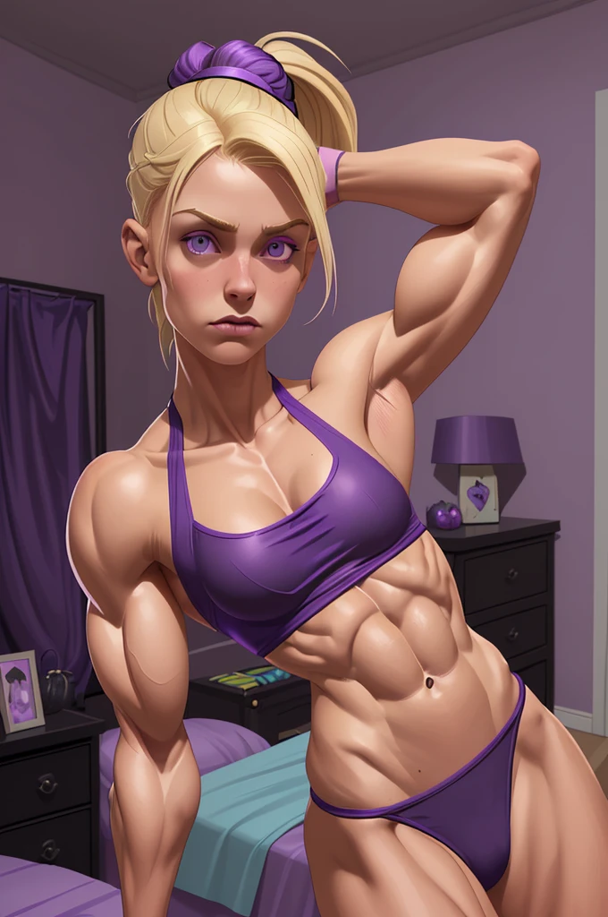 (realistic fantastic) gothic skinny teen irish girl with blond and purple ponytail in purple bikini in her bedroom. She have flat athletic male pectorals. She is making a muscle growth experience with her body, she love feeling her body becoming muscular and heavy. She feel powerful