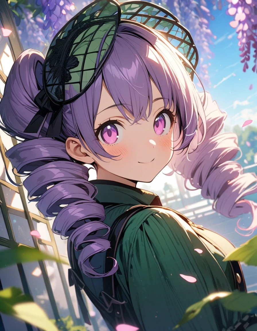1 girl,solo,16yo,amazing quality, aesthetic, aesthetic,ultra-detailed face,detailed eyes,round eyes, tareme,pink eyes,BREAK,Green fascinator,Green Lolita fashion,BREAK,Purple Hair,drill hair,depth of field,wisteria trellis,blue sky,(petals:1.3),upper body,smile,Looking at viewer,rim light,masterpiece,8K,top quality, highly detailed illustration