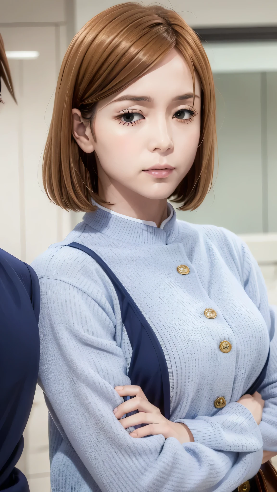 (expensive body, expensive, Long legs, mature female, mature, Adult:1.2), The eff_wait_nobara, One person, Kugisaki Nobara, alone, Brown Hair, Brown eyes, short hair, school uniform, Portraiture, Mouth closed, bangs, View your viewers、Nobara Kugisaki