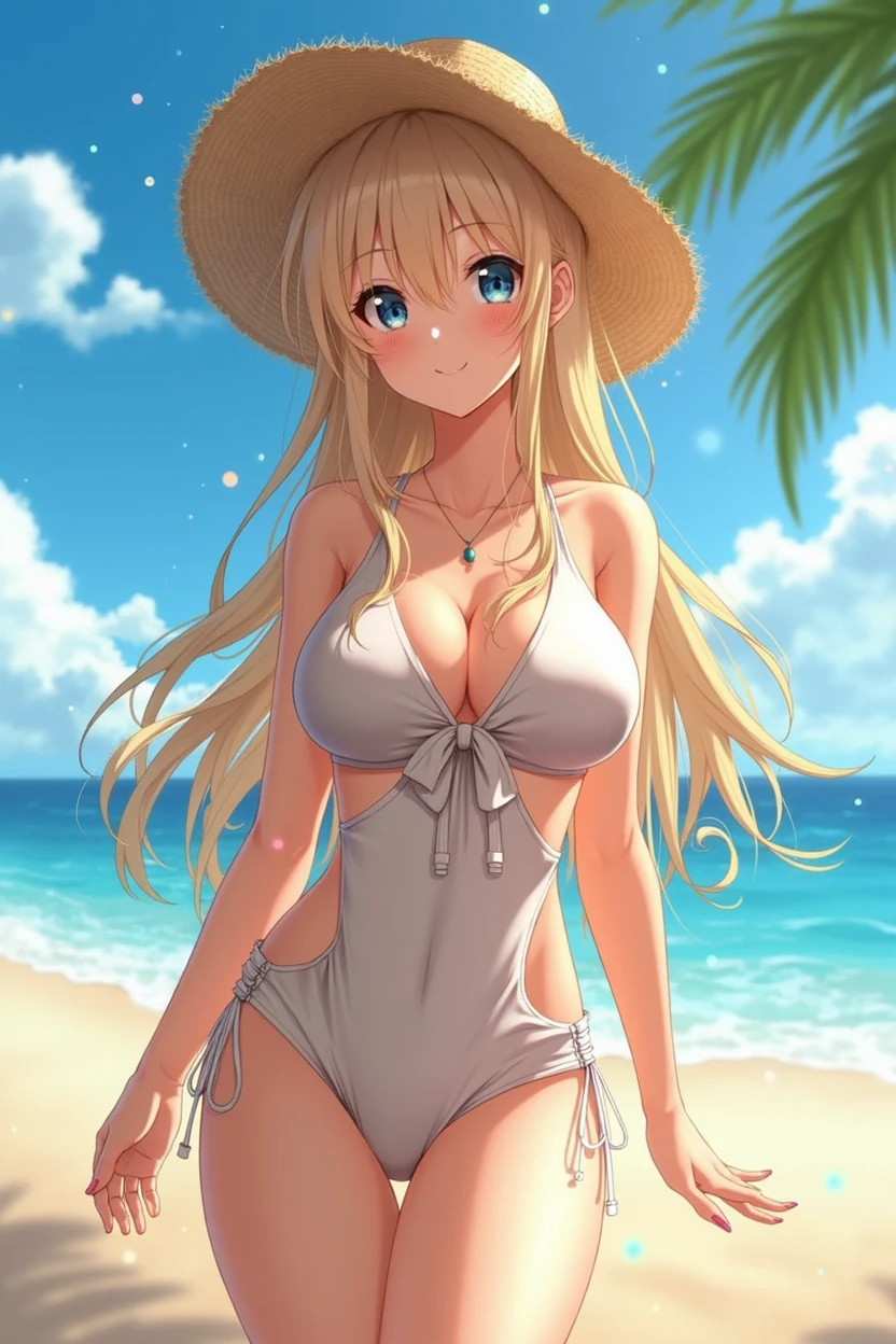 beautiful anime girl, blonde hair, long hair, at Beach, Straw hat, fashionable swimsuit with a tied waist swimsuit design, special effects,