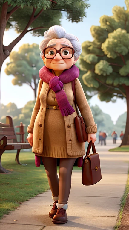 work of art, best qualityer, An old woman with glasses and a scarf, wearing leggings walking through the park