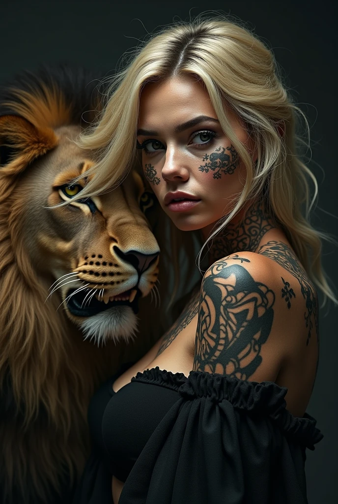 A blonde beauty with Mexican gangster-style tattoos on her face and a lion