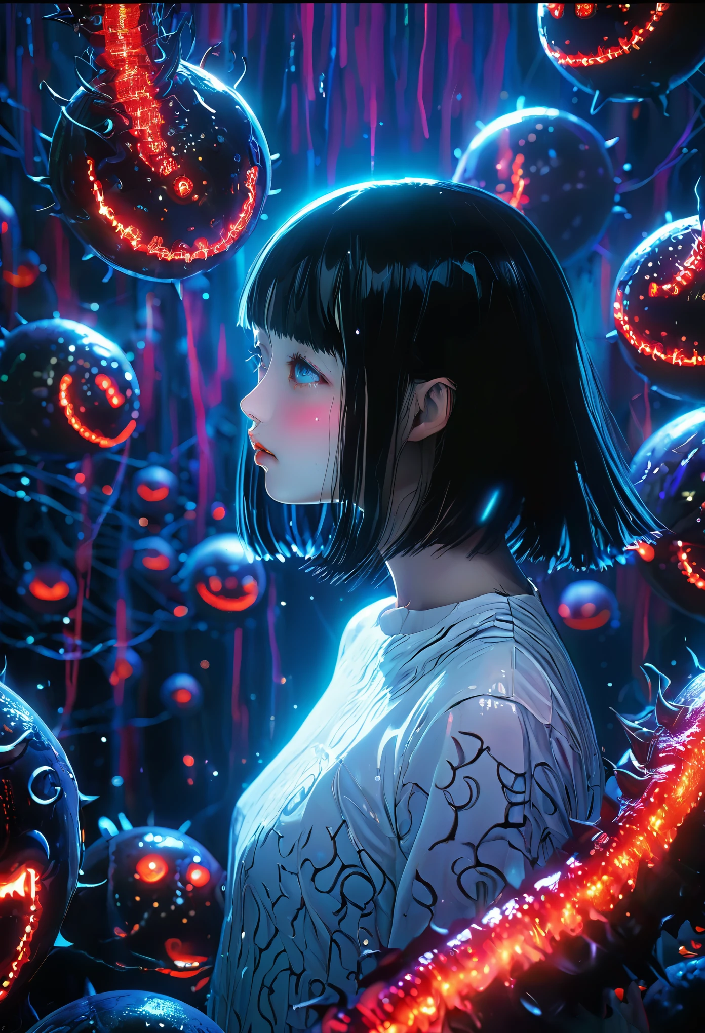 surreal horror, anime style, directed by Junji Ito, high contrast, vivid colors, eerie atmosphere, psychological tension, intricate line work, nightmarish creatures
