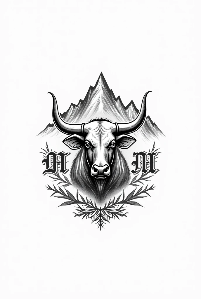 I want the logo for the iron of a farm called “Finca Cuatro M” I want its concept to mix family, bull and mountain, do it in drawing form, sin color, only trace. Make it look formal and make it look intimidating
