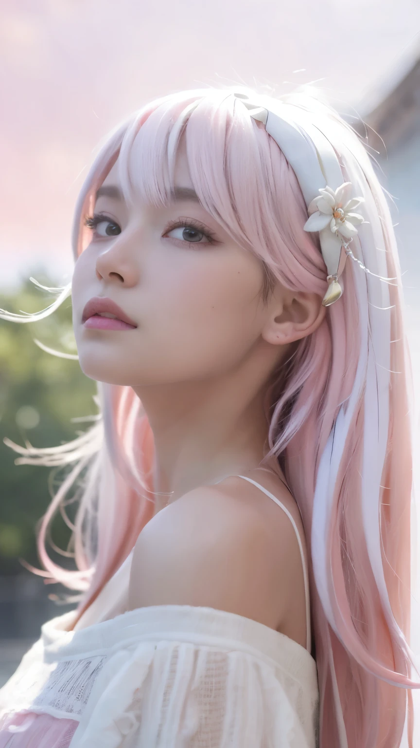 masterpiece, highest quality , enlightenment,1 perfect portrait of a girl, A fascinating eye for perfect detail, (pink+white soft hair:1.6), Fantasy sky-blue background, {exposed bare shoulders} ,{long-term alienation_sleeve}, {lean forward a little}, If you look up, hair ornaments, {shy },please shut your mouth, head tilt, movie lighting, oversized clothes, ((seductive pose)),