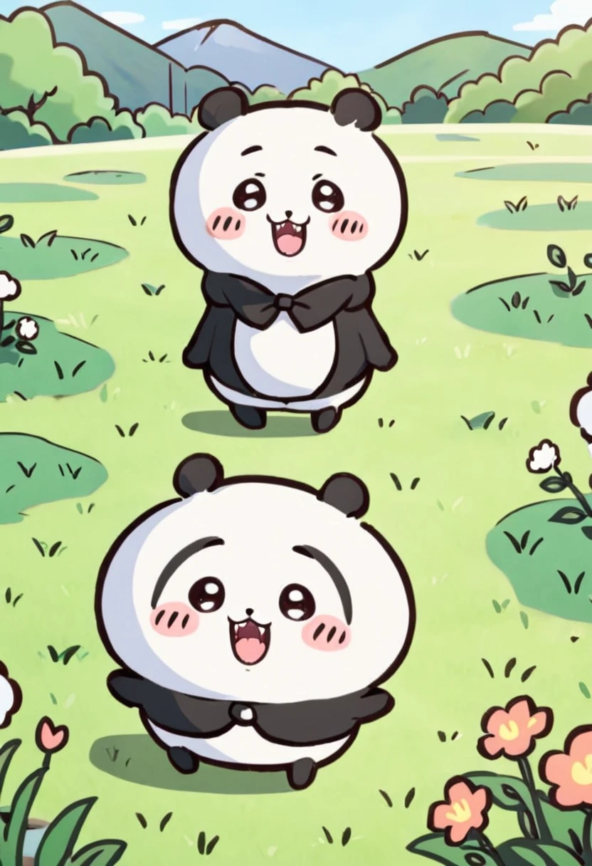 (((tkw))), (panda), solo, Full body shot, chibi, smile, outdoors, field, open mouth, big fang