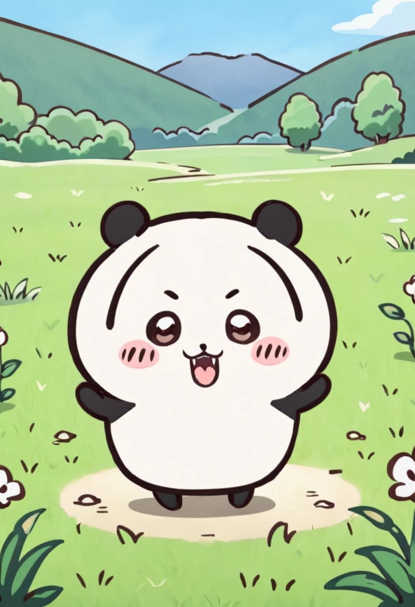 (((tkw))), (panda), solo, Full body shot, chibi, smile, outdoors, field, open mouth, big fang