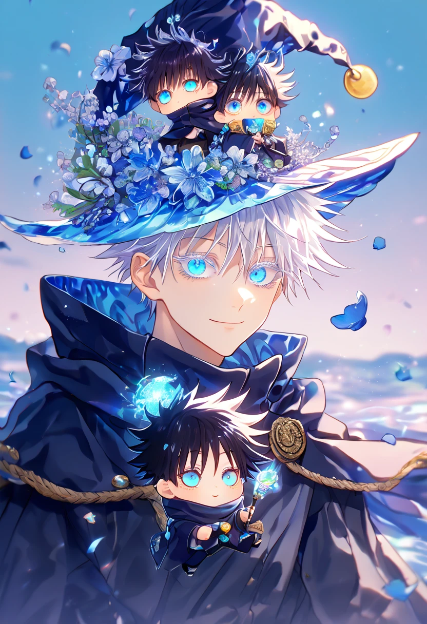 absurdres, highres, ultra detailed, HDR, master piece, Gojou Satoru, white hair with bangs, white eyelashes, expressive blue eyes, Fushiguro Megumi, black hair, expressive blue eyes, expressive blue eyes, Jujutsu Kaisen, magical hat, cute, best quality, blue moon, flowers, fantasy, magical, two boys hugging, yaoi, gay couple, water, blue shining fireflies, blue petals, cape, smiling, chibi