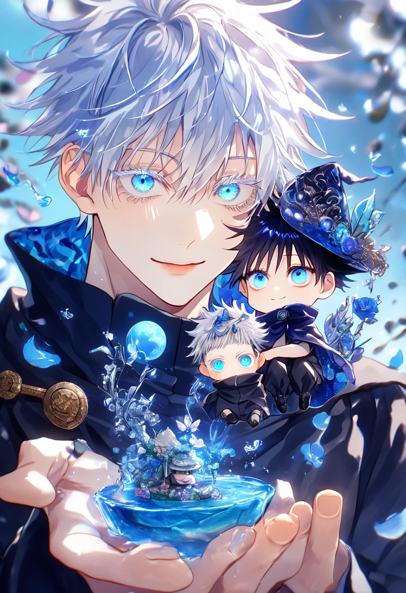 absurdres, highres, ultra detailed, HDR, master piece, Gojou Satoru, white hair with bangs, white eyelashes, expressive blue eyes, Fushiguro Megumi, black hair, expressive blue eyes, expressive blue eyes, Jujutsu Kaisen, magical hat, cute, best quality, blue moon, flowers, fantasy, magical, two boys hugging, yaoi, gay couple, water, blue shining fireflies, blue petals, cape, smiling, chibi