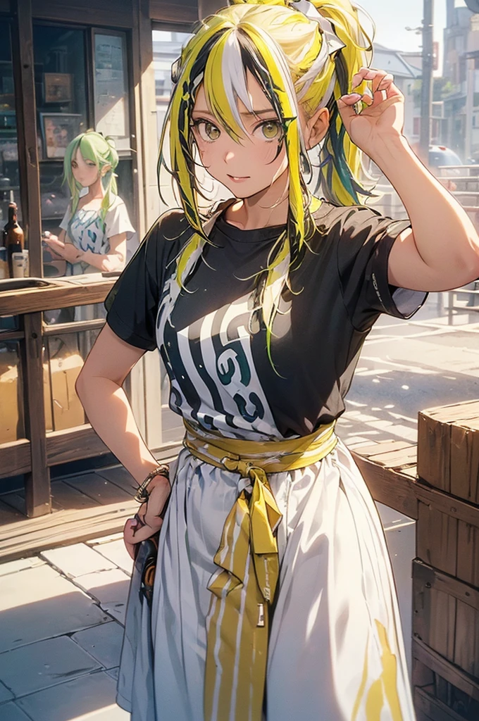 (highest quality:1.2, Very detailed, up to date, Vibrant, Ultra-high resolution, High Contrast, masterpiece:1.2, highest quality, Best aesthetics), Portraiture、girl、((20 years old:1.5)), (slim:1.2), (black t-shirt), jeans, Bright colors、Beautiful fine details、Beautiful lip detail、long hair, (ponytail:1.3), white and yellow green ((streaked hair:1.6)), highlights hair: 1.5, (small breast,:1) (tan skin:1.2),city,((cowboy shot:1.5)), look at viewer