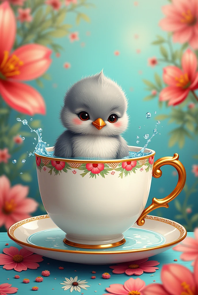 Create a 2d drawing, very colorful, of a little gray bird, taking a bath in a teacup. 