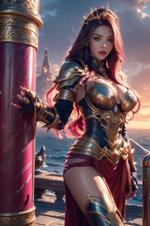 (1girl, Alone, alone), (pin-up, , Poison_long_hair_aiwaifu, Poison_long_hair_aiwaifu, spiky hair, hat, big hair, very_long_hair, pink hair, pink_hair, big_hair), ((Alone, (1woman,pink lipstick), extremely detailed , Soft ambient lighting, 4K, perfect eyes, a perfect face, Perfect Lighting, the 1 girl)), ((fitness, , shapely body, athletic body, toned body)) , ((warrior woman, black armor, dark metal armor, dark full armor, armor gauntlets, armor shin guards, black armor breastplate, succubus, back cap, holding a bludgeon, lightning, burning bludgeon, cloudy sky, storm, jambs, water, sea, rocks, pillar))