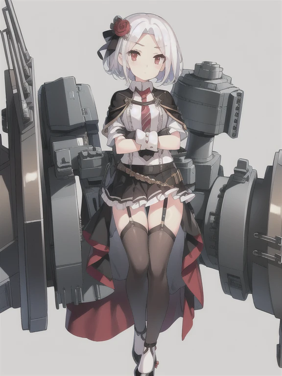 Vittorio_Veneto \(warship girls r\),((masterpiece)),(((best quality))),((ultra-detailed)),((illustration)),((disheveled hair)),((frills)),(1 girl),(solo),1girl,belt,black legwear,black skirt,blush,buttons,cannon,capelet,chain,closed mouth,collared shirt,crossed arms,dress shirt,garter straps,gloves,gradient,grey legwear,jacket,short hair,looking at viewer,machinery,miniskirt,multicolored clothes,necktie,pencil skirt,red eyes,rigging,shirt,shoes,skirt,solo,standing,striped necktie,thighhighs,turret,white hair,white shirt,