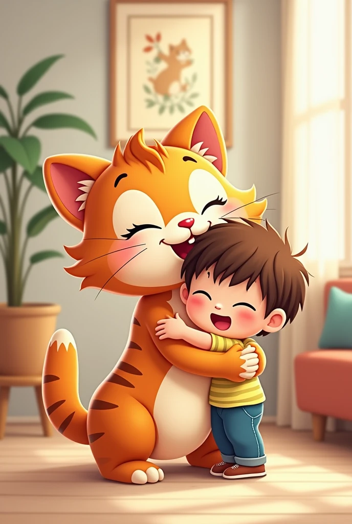 Cartoon cat hugging a kid 

