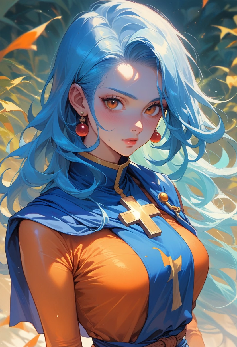 Alone、female、美female、（sauce_game、Dragon Quest 3 Monk:1.5）、（Light blue hair、Long Hair、Orange bodysuit、Yellow cross、Blue priest&#39;s robes）Masterpiece、Professional work、Professional Shading。Detailed face and eyes。Being attacked by transparent tentacles。(Big Breasts:1.2)、Sweat all over、shame、My face is red with embarrassment。A little surprised look。Torn clothes、Clothes are a place々Holes and tears。Defeated、Lying on one's back。Erect nipples、Tentacles sucking nipples、（nsfw:1.5）