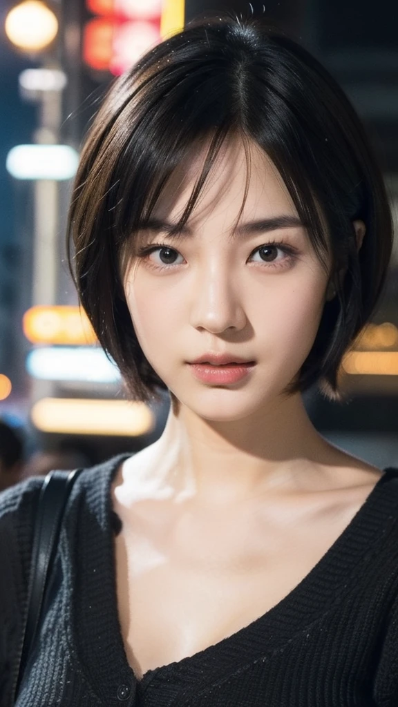 Model actress、One Woman、cool、Japanese and half European、Close-up of face、30 generation beauty、Realistic Skin、night、Outdoor、summer、short hair