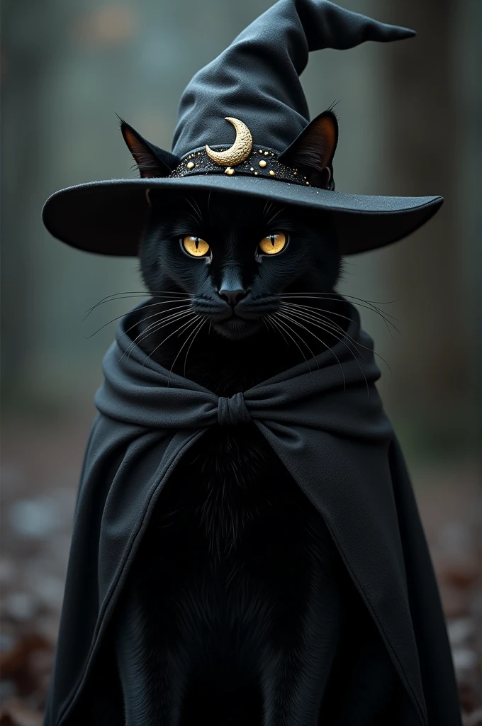 Spawns a black cat, elegant and with an air of mystery. He wears a black wizard hat, with a moon and stars shining on it. The cat has a single lens on the left side of its face, giving it a sophisticated and serious touch. He is in a muscular pose with his arms as if he is showing his strength and confidence.