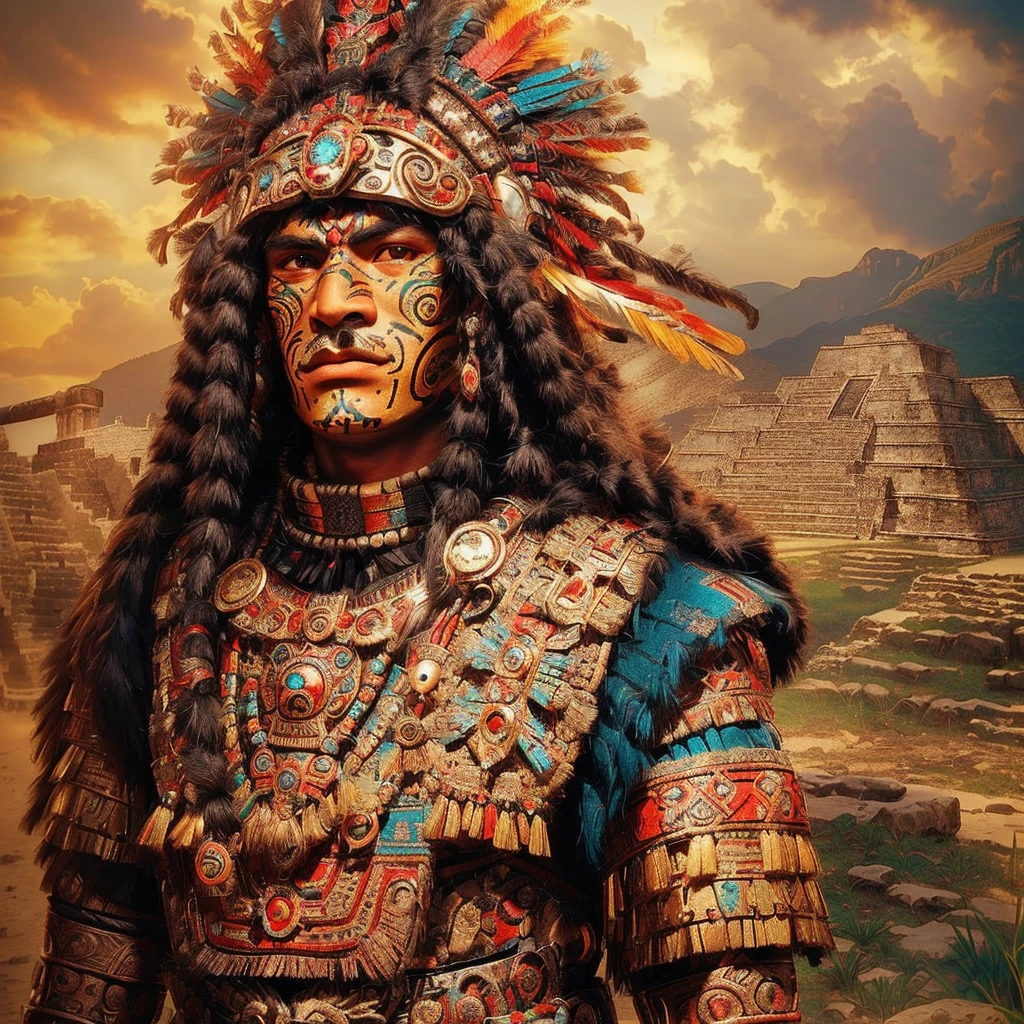 A close-up of a person dressed in a feathered costume, aztec warrior yaotl, ((man with one eye, cyclops type)), azctec warrior, aztec warrior, Rich Aztec jaguar armor, an aztec warrior, Mayan Jaguar Warrior, aztec god, Aztec warrior with jaguar mask, Aztec warrior goddess, aztec mythology, mexican warrior, ancient warrior, aztec princess portrait, Maya style, mayan god, Aztec fantasy