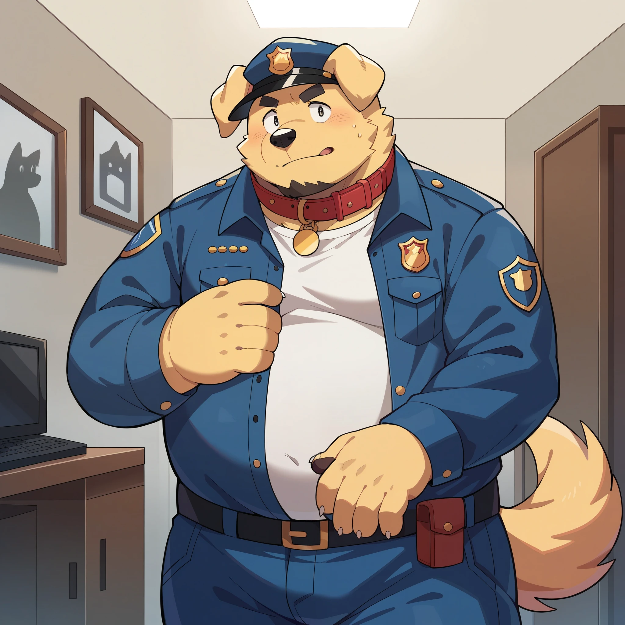 Scribble Golden Retriever face,Humanity(Golden Retriever),Chubby,(Black eyebrows:1.1),(Perfect eyes),Golden fur,(artist:Takemoto Arashi),Living room background,(Collar:1.3),paw,(black beard:1.3),(Police Uniform:1.3)。