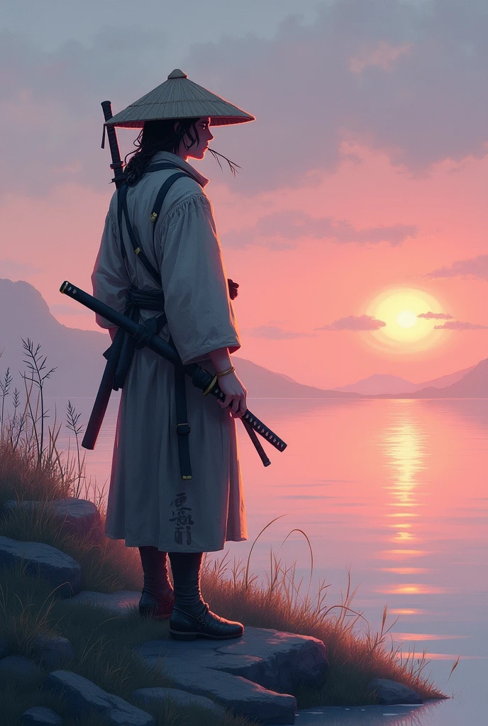 Crie uma wallpaper de uma samurai hermit com uma katana na cintura, and a small sprig of grass between the lips, make it so that it looks like he is looking at the horizon at dusk, with his hand on his sword and wearing stylish rags and a kasa straw hat